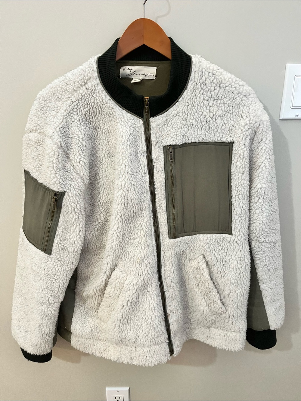 Women's White Sherpa Bomber Jacket with Olive Trim